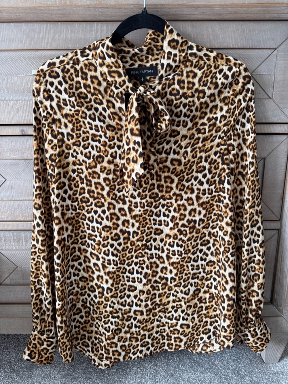 Pink Tartan Leopard Print Tie-Neck Blouse in Brown and Black